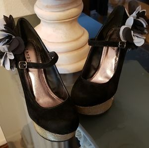 BAMBOO black suede women's chunky heel wedges